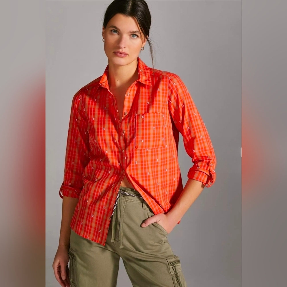 ❤️ ANTHROPOLOGIE MAEVE COTTON PLAID BUTTON FOWN TOP / SHIRT, 8